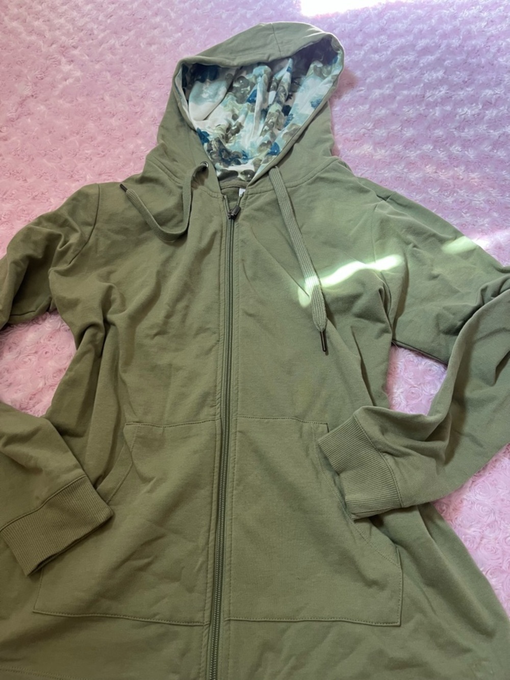 Women’s Olive Utility Zip-Up Hoodie with Floral Hood Lining